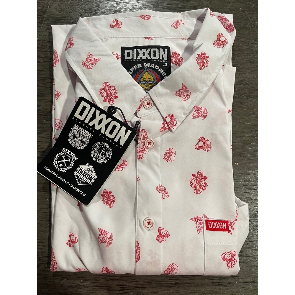 Dixxon Mens 5XL White Red Reaper Madness Line Art Short Sleeve Button Up Shirt